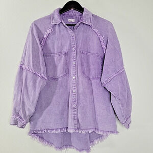 POL Oversized Fringe Denim Jacket Purple Balloon Sleeve Distressed Shacket M Fit